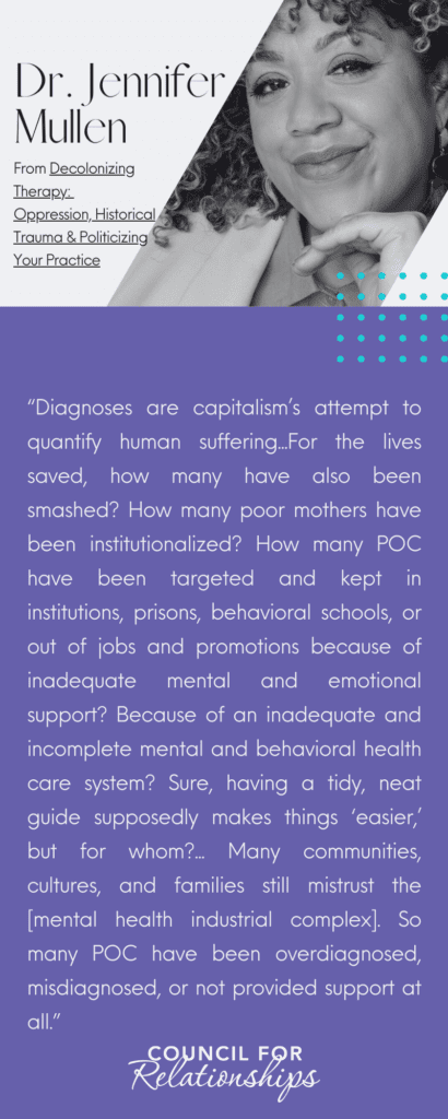 Graphic featuring Dr. Jennifer Mullan and a quote from her book 'Decolonizing Therapy: Oppression, Historical Trauma & Politicizing Your Practice.' The quote critiques the capitalist approach to mental health diagnoses. The title of the blog, 'Emerging Conceptualizations of Trauma,' is included in the graphic, which is provided by Council for Relationships.