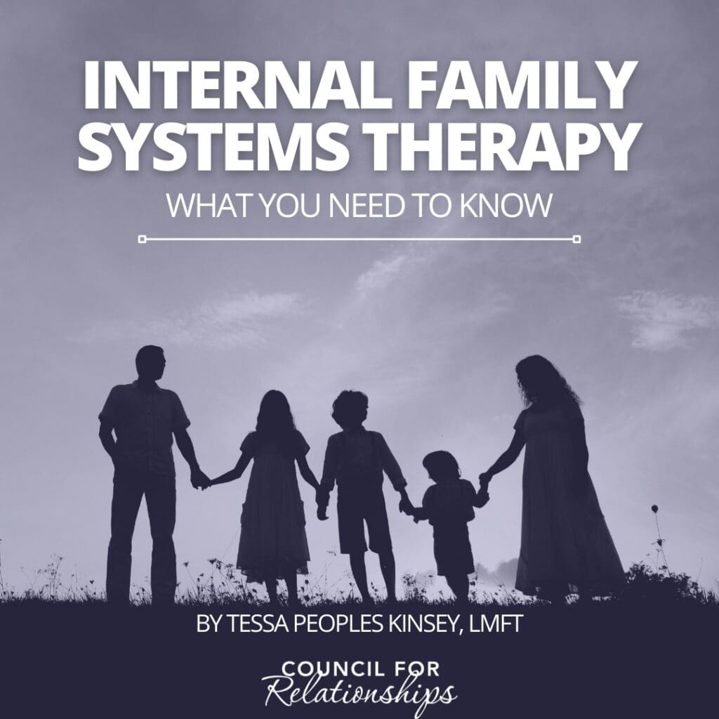 Silhouetted family of five holding hands against a cloudy sky, representing unity and connection. Large text reads 'Internal Family Systems Therapy: What You Need to Know' above smaller text 'By Tessa Peoples Kinsey, LMFT.' At the bottom, 'Council for Relationships' logo is displayed.