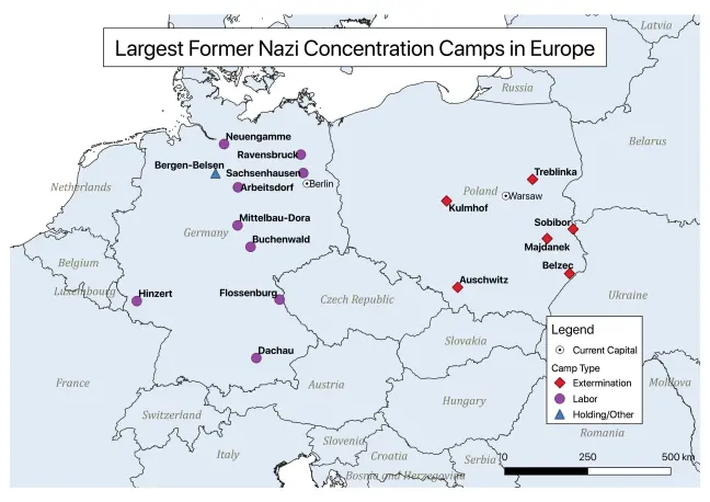 Map of central Europe centered on Germany and Poland with the locations and types of Nazi Concentration Camps. Red diamonds denote extermination camps, purple circles represent labor camps, and blue triangles represent holding camps. The major extermination camps were found in Poland.