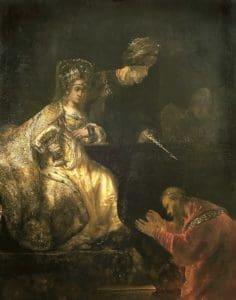 Painting by Rembrandt titled, Haman Begging the Mercy of Esther.