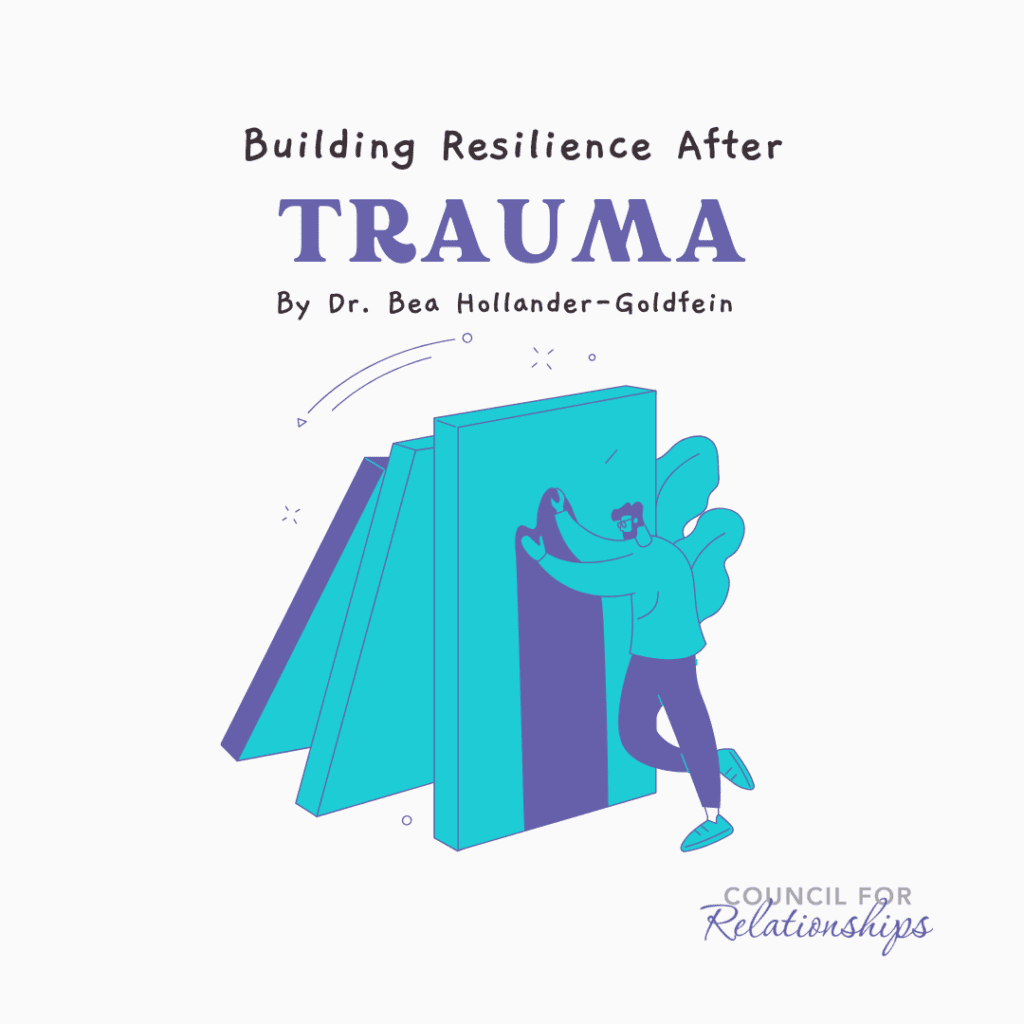 Illustration titled 'Building Resilience After Trauma' by Dr. Bea Hollander-Goldfein. The image shows a person in teal and purple pushing back large falling domino pieces, symbolizing resilience and the strength to stop or overcome difficult events. The logo for Council for Relationships is displayed in the bottom right corner.