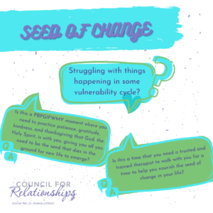 The image is a square graphic with a central theme of personal growth and introspection, titled "SEED OF CHANGE" in stylized, wavy blue lettering against a textured background that mimics a painted canvas, also in shades of blue. Below the title, there are three speech bubbles in different shades of green with white text, each containing a question.The first speech bubble asks, "Struggling with things happening in some vulnerability cycle?" and features a question mark. The second speech bubble contains a self-reflective prompt: "Is this a PBPGINFWMY moment where you need to practice patience, gratitude, kindness, and thanksgiving that God, the Holy Spirit, is with you, giving you all you need to be the seed that dies in the ground for new life to emerge?" The third speech bubble queries, "Is this a time that you need a trusted and trained therapist to walk with you for a time to help you nourish the seed of change in your life?" At the bottom, in smaller blue text, the graphic reads "COUNCIL FOR RELATIONSHIPS" and cites "Source: Rev. Dr. Dolores Littleton." The overall image combines a visually calming color palette with questions designed to prompt reflection on one's personal development and the need for support or guidance.