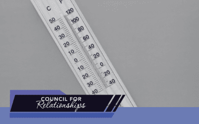 The image shows a thermometer labeled with both Celsius and Fahrenheit scales. It is positioned against a plain background, symbolizing the "Daily Temperature Check for Couples." Below the thermometer, there is text that reads "The Daily Temperature Check for Couples: A Skill for Committed Relationships," with the Council for Relationships logo above it. The bottom text includes the organization's website, encouraging viewers to visit for more information. The image represents a metaphorical "temperature check" as a relationship communication tool.