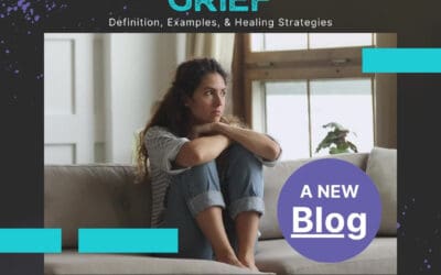 Promotional graphic for a new blog from Council for Relationships titled “Anticipatory Grief: Definition, Examples, & Healing Strategies.” The center of the image shows a woman sitting on a couch with her arms wrapped around her knees, looking pensive. Text highlights include “A NEW Blog” and “By CFR Staff Therapist Gabrielle Hoang, MFT.” The graphic addresses questions like “what is anticipatory grief?”, explores the “anticipatory grief definition,” offers insights into “preemptive grief,” and provides guidance on “how to cope with anticipatory grief.” The design features purple and teal paint textures on a black background.