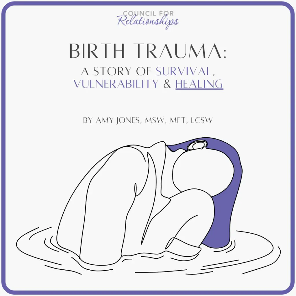 Illustration of a woman curled up in water beneath the title “Birth Trauma: A Story of Survival, Vulnerability & Healing,” representing postpartum depression, birth plan trauma, and perinatal mental health recovery.