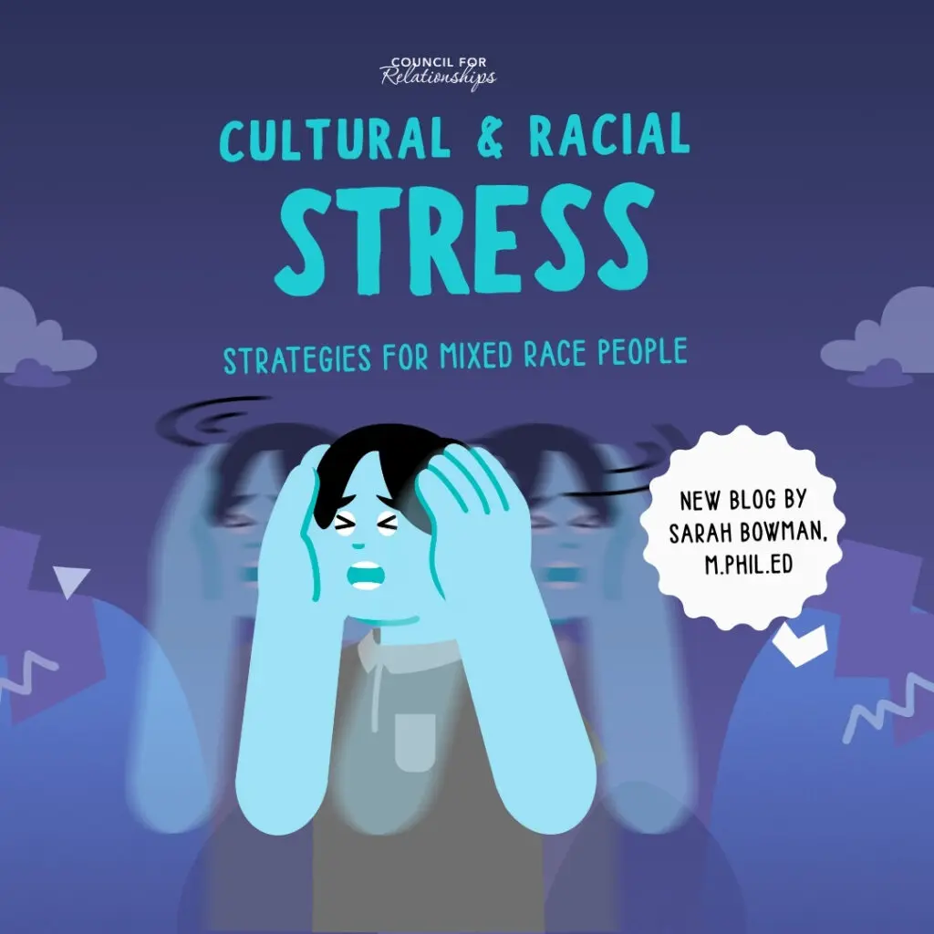 Illustration promoting a CFR blog on cultural stress and racial stress for mixed race people. The image shows a distressed person holding their head, with blurred duplicate outlines behind them to represent identity stress. The background is dark blue with abstract shapes and clouds. At the top, the text reads “Cultural & Racial Stress” and “Strategies for Mixed Race People.” A white text bubble on the right says, “New blog by Sarah Bowman, M.Phil.Ed.” The design conveys themes of identity development and the emotional impact of navigating multiple cultures.