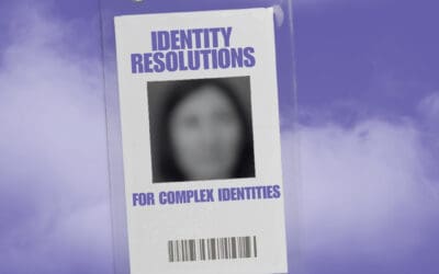 Purple graphic with soft cloud accents. On the right, a lanyard name badge displays the text “IDENTITY RESOLUTIONS” at the top and “FOR COMPLEX IDENTITIES” at the bottom, with a blurred face image and a barcode beneath it. On the left side, the Council for Relationships logo appears above a headshot of Staff Therapist Sarah Bowman. Text reads: “A NEW BLOG BY STAFF THERAPIST SARAH BOWMAN, M.PHIL.ED.”