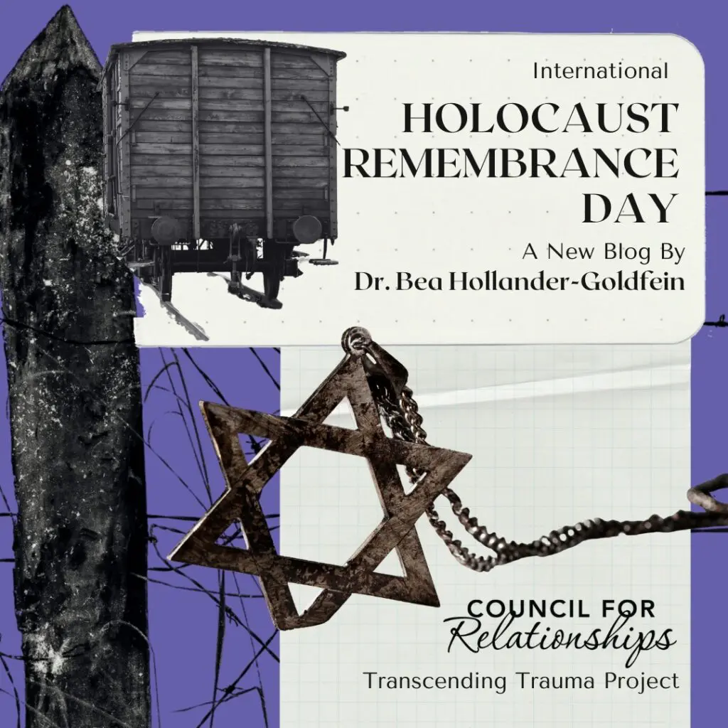 Square graphic with a purple background and collage-style images, including a dark stone monument on the left, a black-and-white train car at the top, and a large Star of David pendant on a chain across the center. Text reads: “International HOLOCAUST REMEMBRANCE DAY 2026,” “A New Blog By Dr. Bea Hollander-Goldfein,” “COUNCIL FOR Relationships,” and “Transcending Trauma Project.”