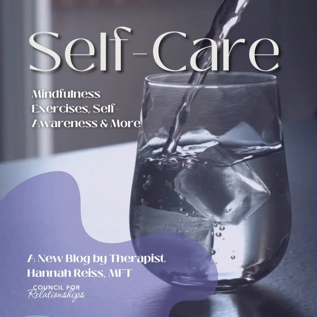 A close-up photo of a clear glass filled with ice water being poured, sitting on a smooth tabletop. Overlaid text reads: “Self-Care. Mindfulness Exercises, Self-Awareness & More.” In the bottom left corner, a soft purple shape contains the text: “A New Blog by Therapist Hannah Reiss, MFT.” The Council for Relationships logo appears below.