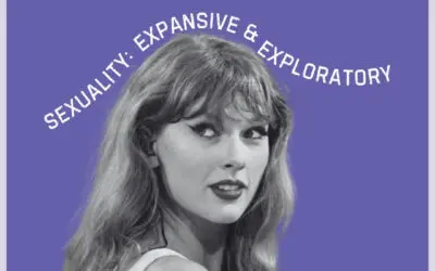 A grayscale photo of a woman with long hair looking over her shoulder appears on a purple background. White text at the top reads: “Exploring Sexuality Through Art and Authenticity.” Curved text across the center says: “Sexuality: Expansive & Exploratory.” In the bottom right corner, text reads: “A new blog by Allen-Michael Lewis, M.S., LMFT, AS.” The Council for Relationships logo appears in the top right. The image promotes a blog exploring sexuality, sexual intimacy, and an expansive and exploratory approach to art, authenticity, and self-understanding.