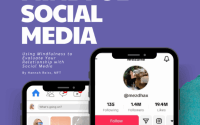 Purple background graphic with the title 'Mindful Social Media' in large white text, the subtitle 'Using Mindfulness to Evaluate Your Relationship with Social Media' by Hannah Reiss, MFT, and two smartphone screens displaying example social media feeds; Council for Relationships logo appears in the upper right corner.