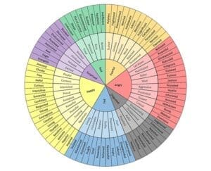 A colorful wheel with words.