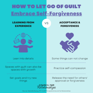 Infographic titled how to let go of guilt by embracing self-forgiveness. learn from experience such as leaning into details, spaces with guilt can also be spaces with growth, and set goals and try new things vs acceptance & forgiveness such as some things can not change, practice self-compassion, and release the need for others' approval or forgiveness. source: Gabrielle Hoang, MFT, Staff Therapist at Council for Relationships