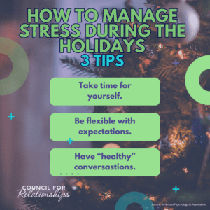 Infographic titled how to manage stress during the holidays 3 tips 1 take time for yourself. 2 be flexible with expectations. 3 Have "healthy" conversations. from council for relationships. source: american psychological associations