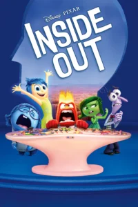 Inside Out's movie cover features five animated characters, each representing a different emotion, standing on a blue background. From left to right, they are Sadness, Joy, Anger, Disgust, and Fear. Joy is a bright yellow character with a pixie cut, Sadness is a blue character with large glasses and a droopy face, Anger is a small red character with a furrowed brow, Fear is a lanky purple character with a bow tie, and Disgust is a green character with a stylish haircut and a snobbish expression. The movie's title, "Inside Out," is written in white letters at the top of the cover, while the tagline, "Meet the little voices inside your head," is written in smaller letters beneath it.