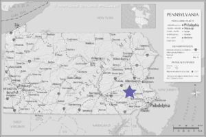 Map of Pennsylvania with a star where the city of Reading is located in the south east corner of the commonwealth 