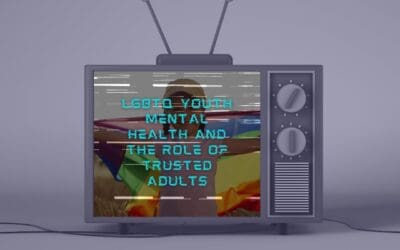 A vintage television displays a glitched screen with the words “LGBTQ Youth Mental Health and the Role of Trusted Adults” in pixelated blue text. Behind the static effect, a child holds a rainbow pride flag outdoors. The Council for Relationships logo appears in white in the bottom right corner.